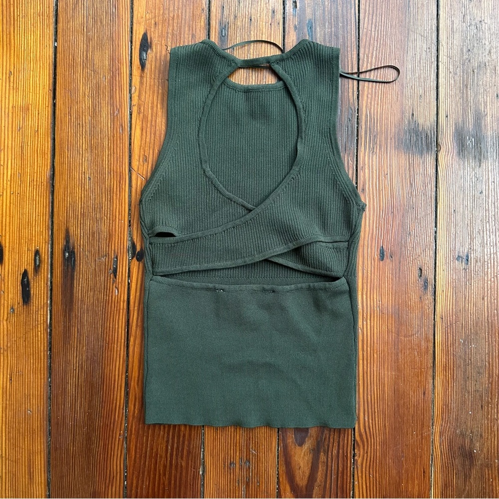 Zara dark olive green sleeveless knit top w cross cross back XS